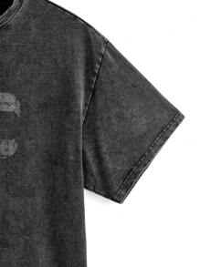 Manfinity VCAY 男士休闲针织印花酸洗修身落肩圆领短袖T恤，适合夏季日常穿着 - 黑色 - 查看 5