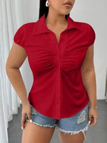 Flirla Áo sơ mi nữ cổ bẻ xếp ly phía trước cỡ lớn có tay áo Dolman cho quần áo năm mới - Đỏ - Xem 8
