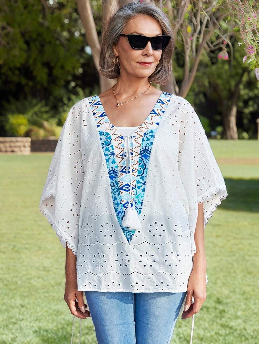 SHEIN LUNE Contrast Graphic Print Tie Front Eyelet Embroidery Top For Summer Vacation - White - View 1