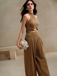 Anewsta 2 piezas Conjunto de top sin mangas con decoración de cadena de estilo minimalista y pantalones de pierna ancha para mujer