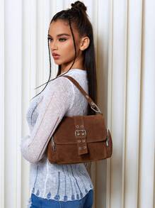 SHEIN ICON 女士、女士单肩包、流浪包、时尚、个性化、甜美酷炫、辣妹、Y2K、街头、复古、学院风、绒面革、最新时尚女士绒面革包 - 棕色 - 查看 7