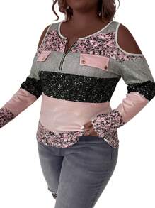 SHEIN LUNE Ropa de invierno para talla grande - Camiseta deportiva y casual de ajuste ceñido con cierre de cremallera, botones y estampado metalizado de lentejuelas con textura acanalada