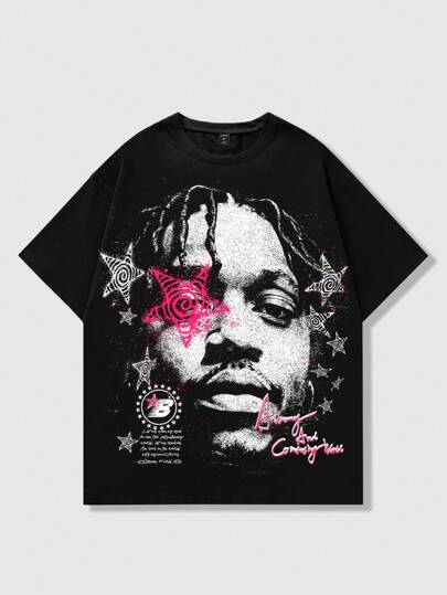 ROMWE MEN Street Life تي شيرت تي قصير الأكمام مطبوع بصورة رجل ، مناسب للارتداء اليومي في الربيع والصيف ، للمدرسة