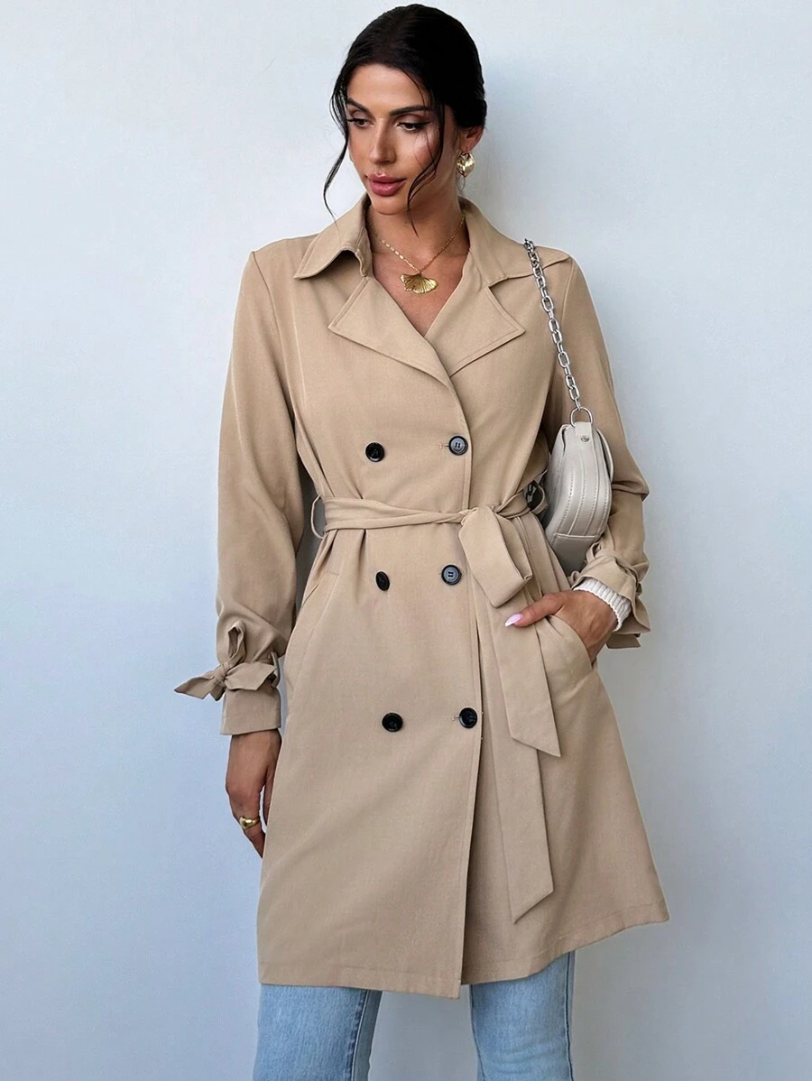 Firerie Women s Minimalist Elegant Work Double Breasted Cinched Waist Pockets Linen A Line
