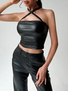 SHEIN Privé Women's Cross Halter Neck PU Party Graduation Season Slim Tank Top - Black - View 5