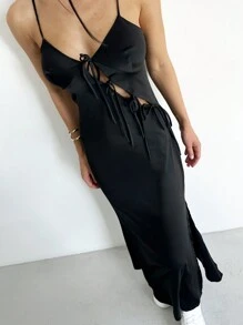 SHEIN EZwear Women's Solid Color Tie-Up Bodycon Split Sling Dress - Black - View 1