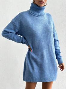 EURMUSE Gola Alta Ombro Caído Vestido De Tricô - Azul - Ver 6