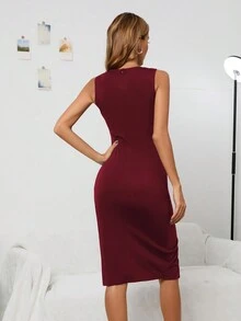 Solid Ruched Wrap Hem Bodycon Dress Date Night Dress - Burgundy - View 2