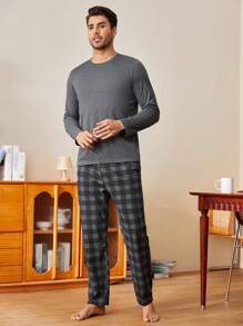 2pcs Men's Solid Color Crew Neck Long Sleeve T-Shirt And Plaid Pants Casual Pajama Set  Cozy And Elegant Details, Fall Winter Clothes