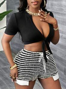 Slaydiva 2pcs/Set Women Street & Daily Casual Black Tie Front Crop Top And Fluffy Shorts Set