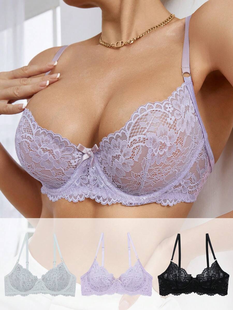 SHEIN 3 件套柔软蕾丝日常文胸，百搭多色女士内衣