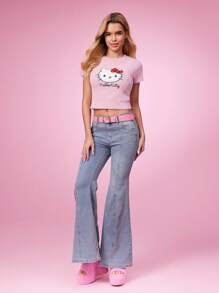 HELLO KITTY AND FRIENDS | SHEIN Cinturón de vestir con hebilla con gato de rhinestone rosa, apto para uso diario - Rosa - Ver 4