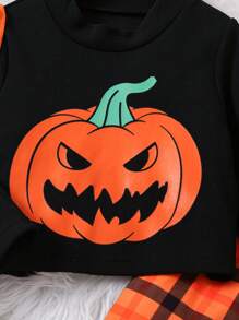 SHEIN Conjunto de 3 peças de bolsa crossbody de abóbora redonda para meninas, com estampa de abóbora de Halloween, gola simulada, manga comprida, leggings xadrez laranja, conjunto de 3 peças, adequado para outono, festa de Halloween, casual, passeios diários, festa, reunião de família, escola, presente de aniversário, piquenique, roupas de irmã combinando