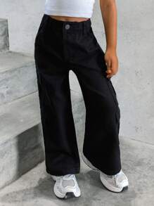 Quần Jeans Ống Thẳng Denim Nhiều Túi Thời Trang Thường Ngày Cho Bé Gái Mới - màu đen - Xem 4