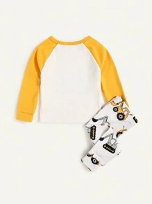 Cozy Pixies 2pcs Cartoon Car Print Soft Knit Crew Neck Contrast Raglan Sleeve Top And Pants Baby Boy Snug Fit Pajama Set