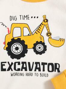 Cozy Pixies 2pcs Cartoon Car Print Soft Knit Crew Neck Contrast Raglan Sleeve Top And Pants Baby Boy Snug Fit Pajama Set