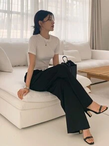 DAZY 女式撞色缝线腰带长裤 - 黑與白 - 查看 5