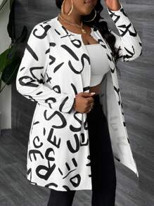 Slaydiva Casual Basics - Stretchy Knit Graphic Print Loose Cardigan Jacket Plus Size Winter Fall Autumn - Black and White - View 1