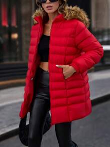 SHEIN Cottnline Zip Up Slant Pockets Padded Coat With Fur Hood - Red - View 1
