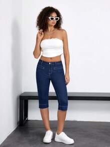 SHEIN EZwear 女士纯色简约日常牛仔裤 - 深色水洗藍 - 查看 3