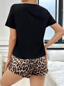 SHEIN Conjunto de pijama con cuello redondo y manga corta con estampado de leopardo - Negro - Ver 2