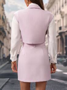 Chiquease Spring Autumn Purple Solid Color Sleeveless Cropped Blazer & Mini Skirt Suit Set,Business Casual Women - Purple - View 2