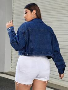 SHEIN EZwear 大码女式纯色简约日常长袖牛仔夹克 - 深色水洗藍 - 查看 2