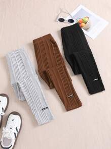 SHEIN 3 件装 Tween 女童基本款纯色弹力针织紧身裤 - 彩色 - 查看 2
