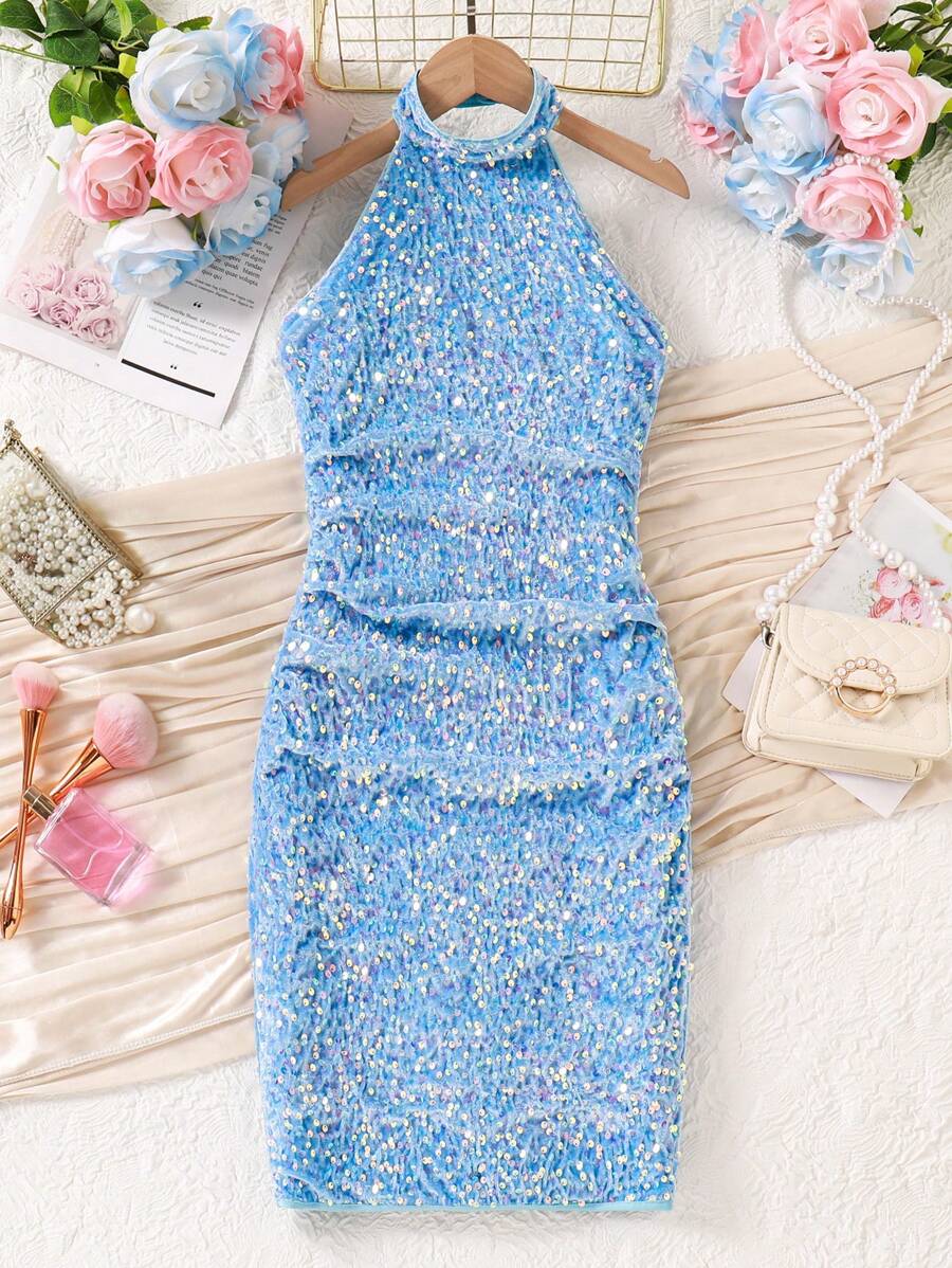 SHEIN Explorewe Tween 女童亮片挂脖派对连衣裙