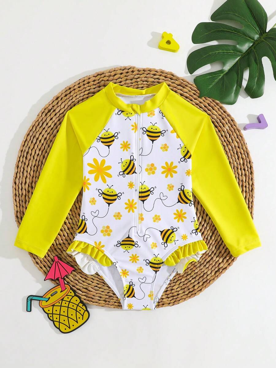 Traje de baño de una pieza para niñas, estampado de abeja lindo con cremallera, fácil de vestir, traje de baño para niños, de moda y casual, adecuado para nadar, vacaciones, verano - Multicolor - Ver 1