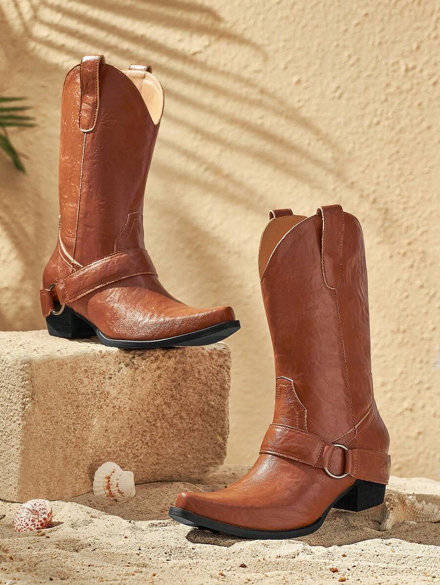 Styleloop Women's Simple Mid-Calf Western Boots, Suitable For Travel, BOHO, American Retro, Bohemian, Western Music Festival, Party, Christmas, Halloween Outfits - Brown - View 1