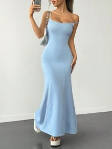 SHEIN EZwear Vestido feminino de malha elegante com alça espaguete e cauda de peixe de cor sólida - Azul - Ver 1