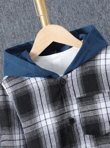 SHEIN 2 件套 Tween Boy 休闲格子拼布连帽上衣和裤子套装，春季/秋季