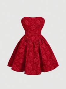 SHEIN MOD 提花情人节约会之夜红色抹胸连衣裙 - 紅色 - 查看 1