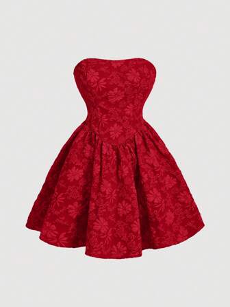 SHEIN MOD Jacquard Valentine Day Date Night Red Tube Dress
