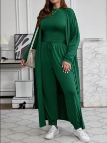 SHEIN LUNE Bộ quần áo dài tay dài màu trơn mùa xuân/thu cỡ lớn + áo ba lỗ + quần - Màu xanh lá cây đậm - Xem 5