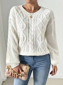 Chiquease 女士圆领长袖纹理粗针织宽松毛衣