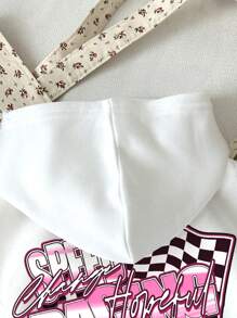 SHEIN Sudadera con capucha de punto cómoda de manga larga, estampada con coche de dibujos animados rosa y letras en inglés, de estilo americano casual y personalidad fresca, apropiada para otoño e invierno, para niñas jóvenes
