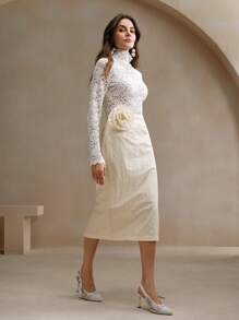 Anewsta 女式优雅蕾丝长袖弹力高领 T 恤，秋冬款 - 白色 - 查看 4