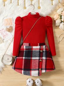 SHEIN 年轻女孩立领泡泡袖 T 恤和格纹印花不对称下摆半身裙 - 紅色 - 查看 6