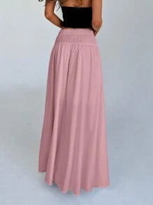 Aloruh 女士简约优雅超长开衩下摆白色裙子 - 粉色 - 查看 2