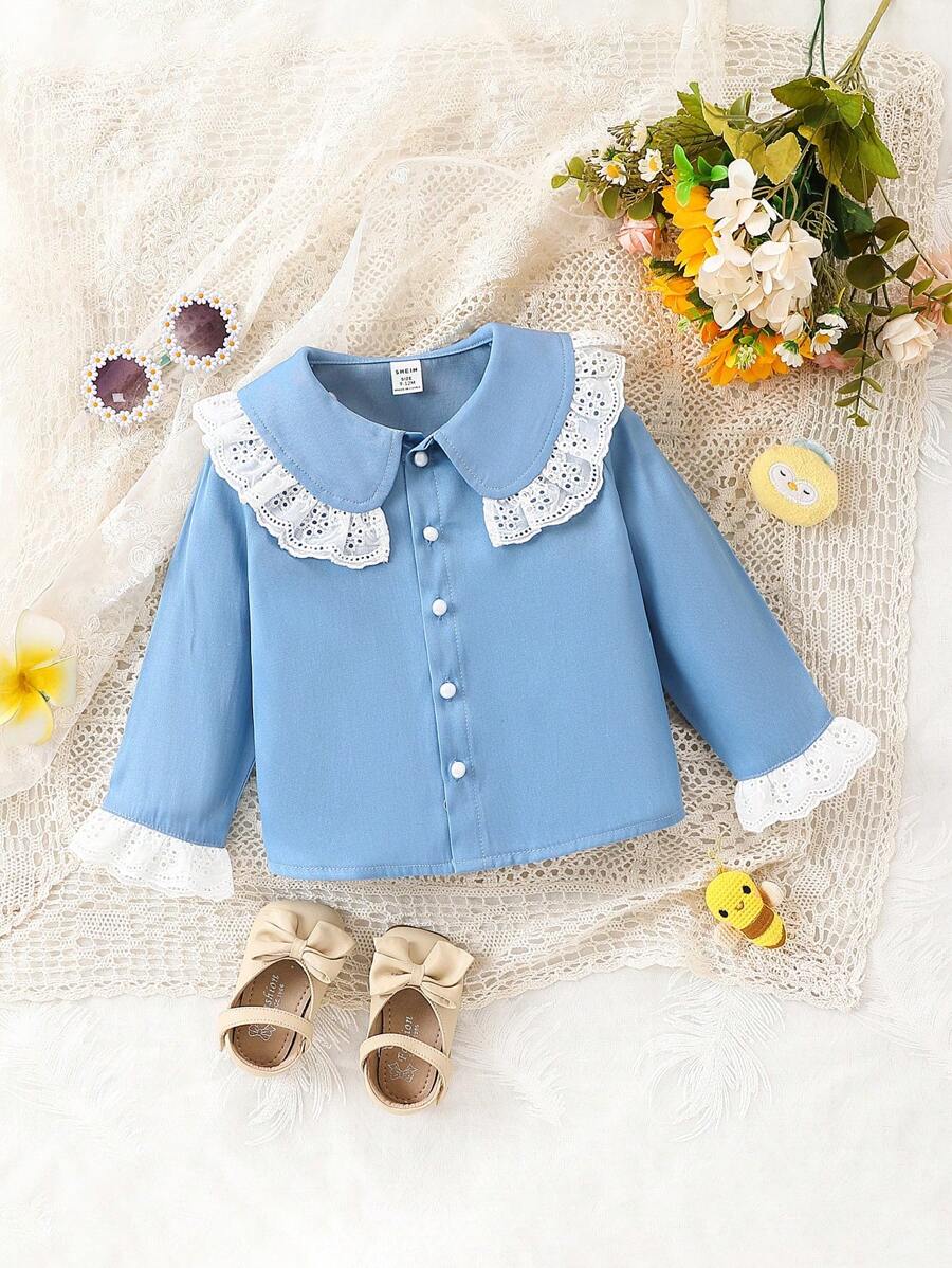 SHEIN 女婴舒适休闲彼得潘领花袖口纽扣式蓝色衬衫