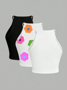 SHEIN Essnce Áo Camisole dáng ôm vừa vặn dành cho nữ cỡ lớn, nhiều màu sắc, bộ 3 chiếc, áo dễ thương, áo ôm dáng, phong cách Y2K, áo đi học, áo hóa trang, áo mùa thu, áo croptop, áo đen trắng, áo camisole họa tiết hoa, quần áo Halloween - Nhiều màu - Xem 2