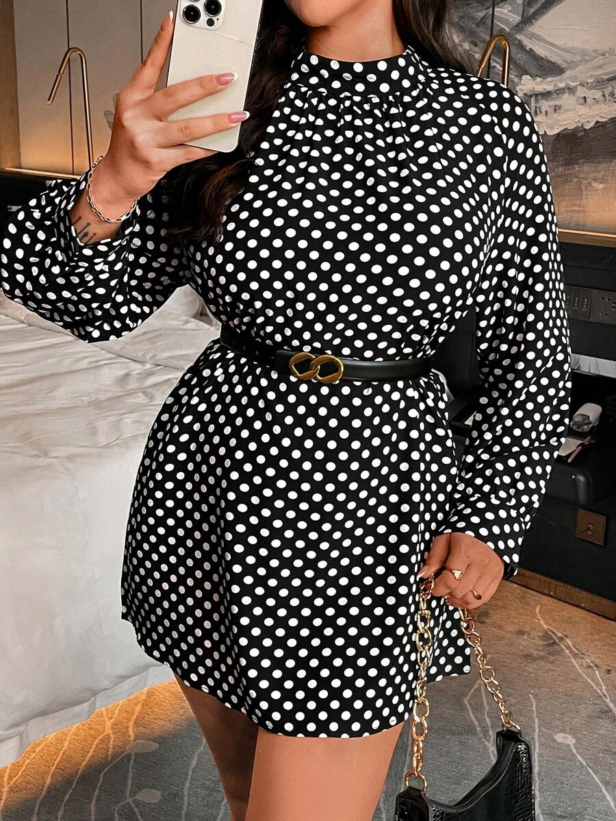 SHEIN Clasi Plus Size Women's Polka Dot Print Simple Everyday Long Sleeve Dress - Black and White - View 1