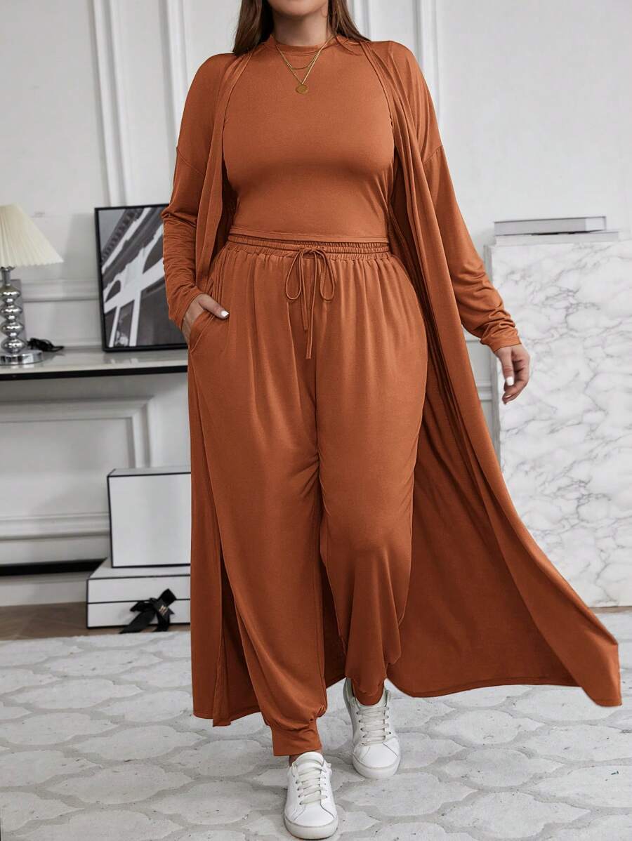 SHEIN LUNE 3 pièces/set Top ajusté pour femme grande taille, veste longue ample et pantalon casual à cordon de serrage - Acajou - Voir 1