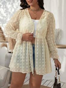 Flirla 大码长袖系带荷叶边袖口喇叭下摆休闲宽松夹克 - 杏色 - 查看 5