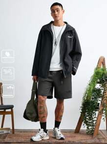Manfinity VCAY Chaqueta de manga larga informal suelta con bordado abierta por delante para hombres a la moda