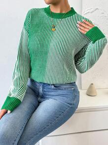 Chiquease 女士圆领长袖撞色条纹休闲宽松毛衣，针织套头衫，秋冬款 - 綠色 - 查看 1
