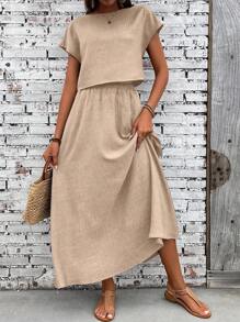 SHEIN LUNE 2-delige dames effen kleur vleermuismouwen, eenvoudige top en minirok, casual set