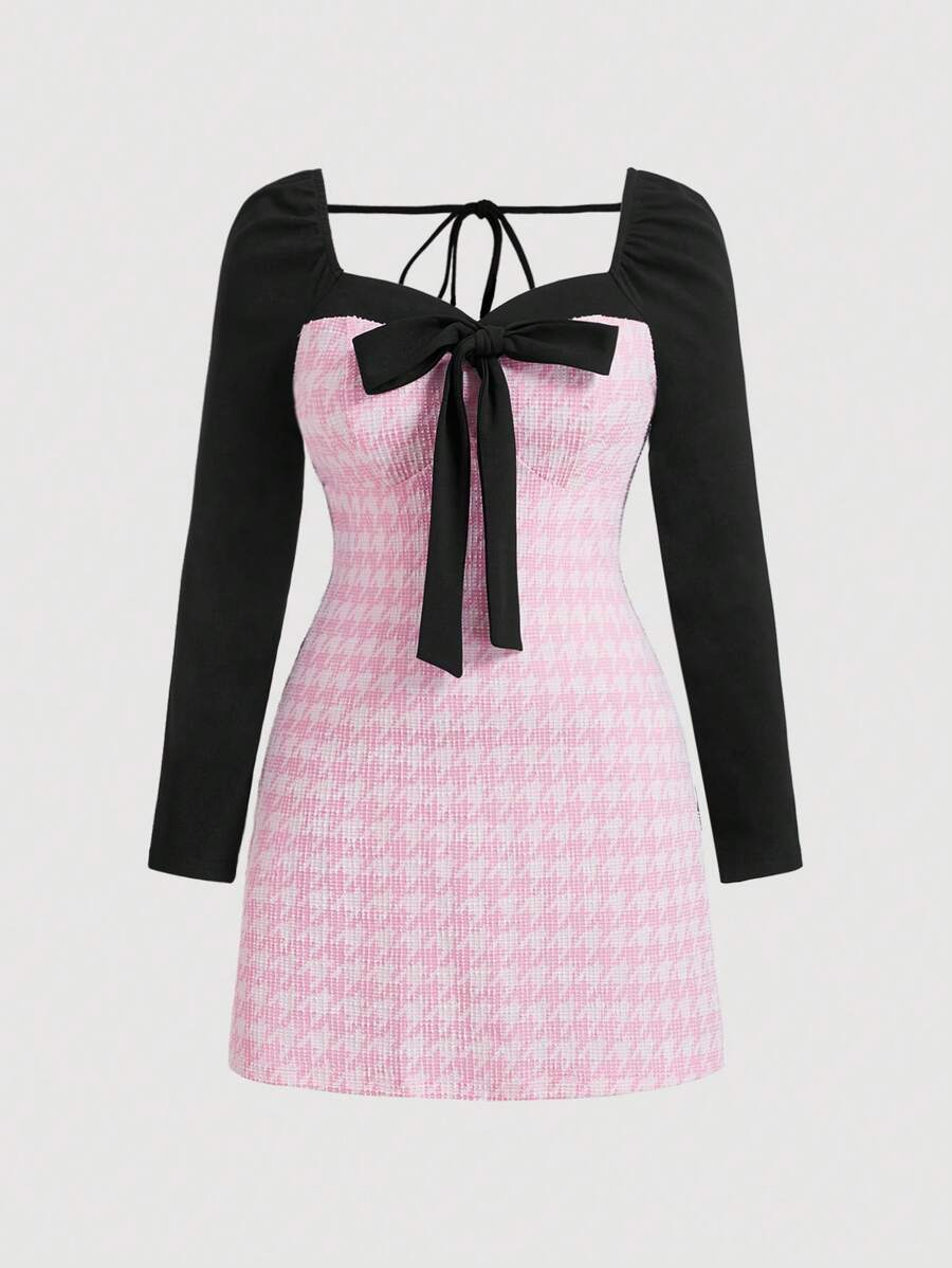 SHEIN MOD Plus Size Nữ Nối Màu Khối Dài Tay Mini Đầm - Nhiều màu - Xem 1